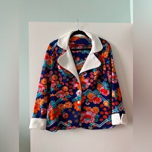 Vintage 70s bright retro Floral Blazer with White Trim